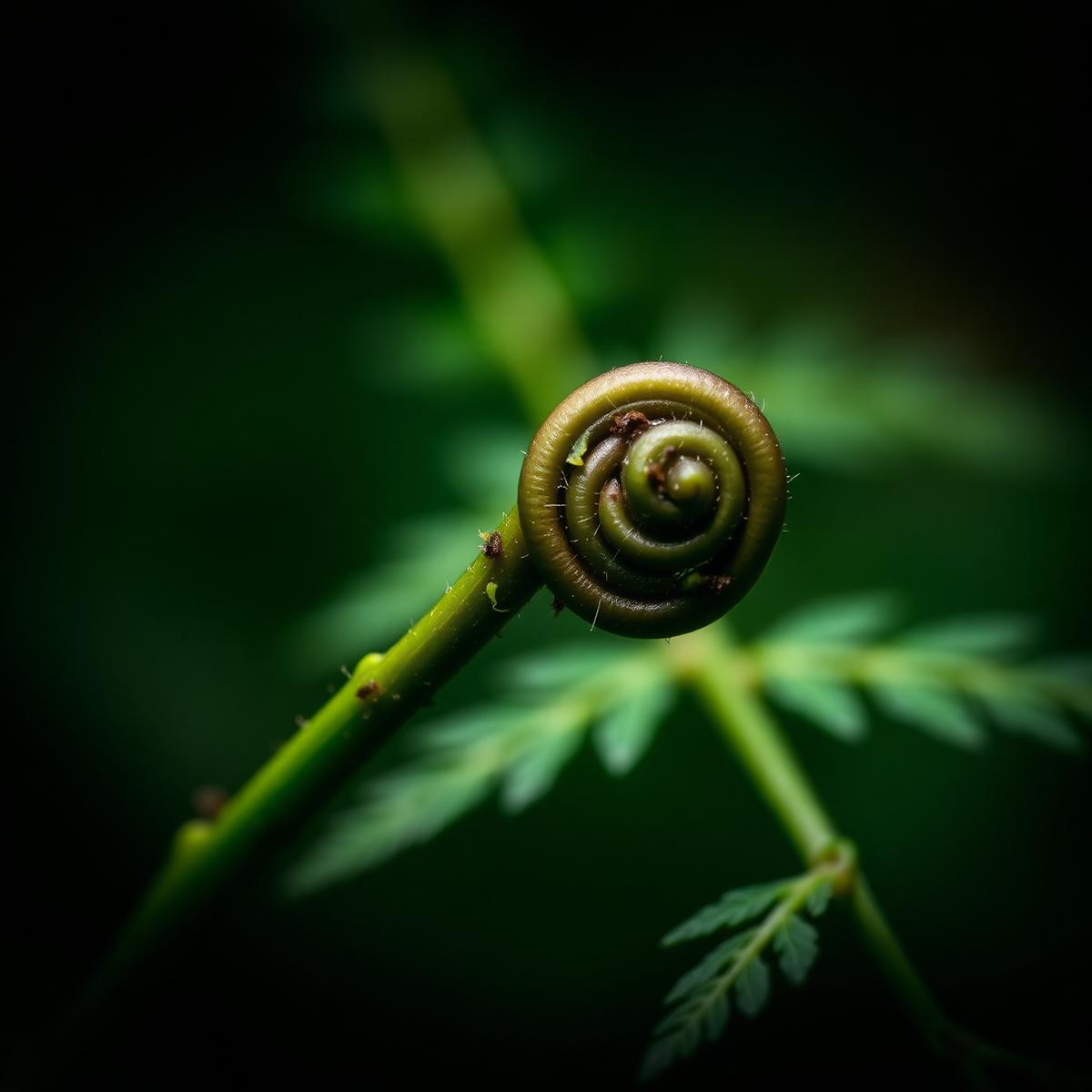 A young fiddlehead fern uncurling in soft light.